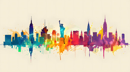 This vibrant image features a silhouette of a city skyline with a colorful paint splatter background, giving an urban artistic vibe