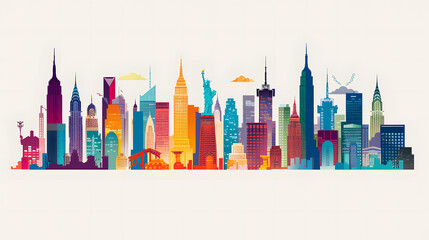 A trendy and colorful geometric representation of a city skyline with famous landmarks, ideal for modern urban design