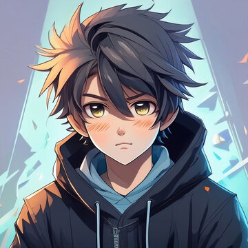 Anime boy charecter wearing black hoodie with danger look