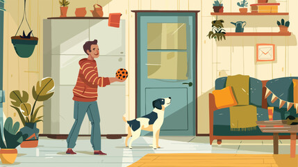 Man playing ball with a dog in a cozy room. Friendshi