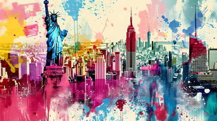 Stylized and vibrant interpretation of New York City's skyline Abstract elements and landmarks blend in a creative and energetic city representation