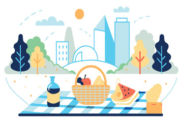 A serene picnic setup with a basket, watermelon, and city backdrop