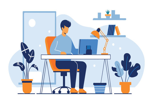 Casual telecommuter engages with laptop in a cozy, well-lit work space