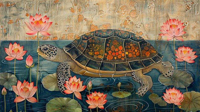 Traditional Madhubani Bharni style painting of a turtle, adorned with lotuses, wise and calm, serene lake 