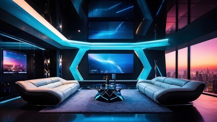 futuristic living room interior design with high-tech and luxury furniture