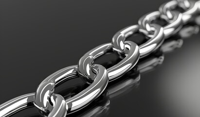 Close-up of silver chain on a dark background with reflective surface