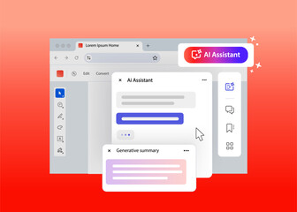 AI Assistant in pdf reader. Generative summary answer from artificial intelligence. Interface of program for portable document Format.Vector illustration.