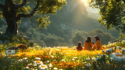 A cheerful family enjoys a picnic in a lush green meadow, surrounded by tall trees and blooming...