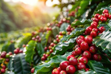 Cherry Picking Lush green coffee plants with bright red coffee cherries ready for harvest