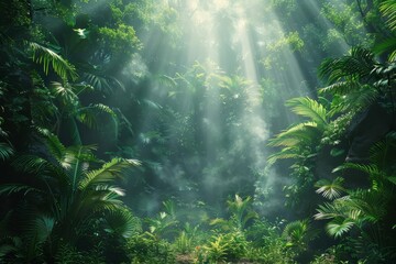 Obraz premium A lush green jungle with sun rays shining through the trees.