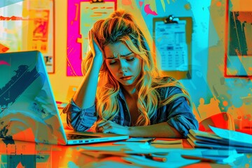 pop art illustration of a young girl overworking and overwelmed by the work on her laptop, 