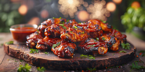 Succulent BBQ chicken wings perfectly grilled, served with a smoky sauce, great for food blogs and culinary magazines.
