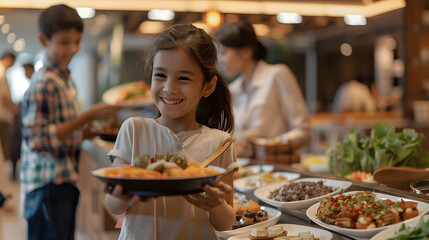 Smiling girl proudly showing off her plate filled with a variety of food at a buffet, symbolizing independence and choice