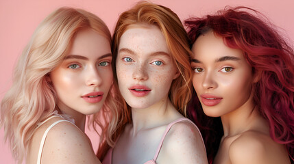 portrait of three young lovely women on the peachy background