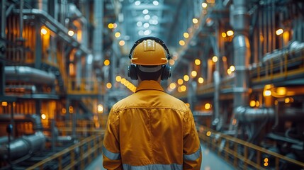 Fototapeta premium Industrial Worker Overlooking Factory Interior Illuminated at Night