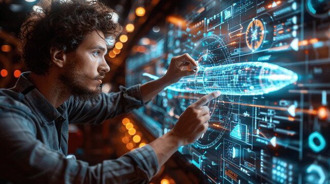 A man is pointing at a computer screen with a blue airplane on it