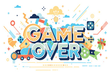 A vibrant Game Over graphic with retro gaming icons