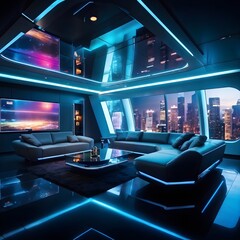 futuristic living room interior design with high-tech and luxury furniture