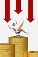 Vertical picture collage young man armchair golden coins economy falling problem crisis devaluation arrows stats drawing background