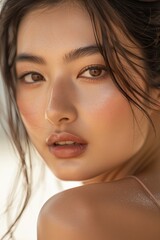 Naklejka premium Close-up beauty portrait of asian woman with subtle makeup and wet hair strands