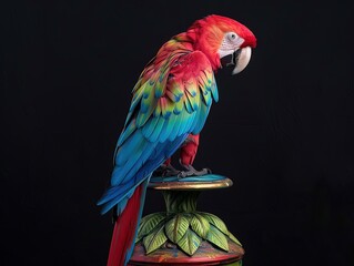 A parrot perched on a colorful bird stand