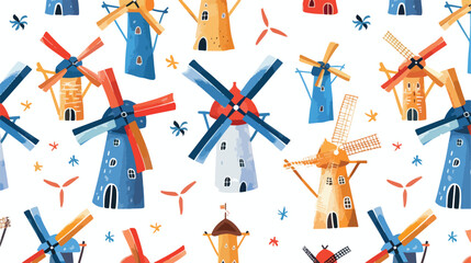 Seamless pattern with various windmills on white background