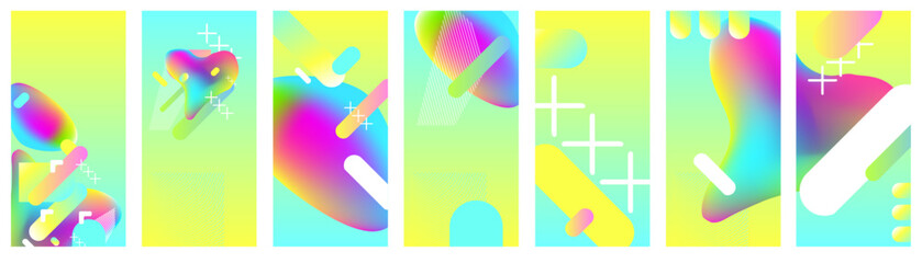 Big set surfaces coverings backgrounds New bright juicy summer abstract fluid creative banner, trendy bright neon colors with dynamic lines