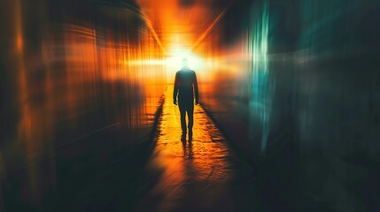 Fototapeta premium abstract background blur silhouette shadow of a man walking with bokeh light street at night time with speed motion perspective, blurred thrilled, Generative Ai