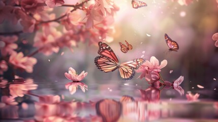 Macro Shot of Peaceful Spring Landscape with Pink Sakura Blossoms in Full Bloom and Fluttering Butterflies, Capturing the Serene and Delicate Beauty of Nature