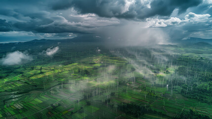 Aerial perspective captures dark clouds looming over vast fields. AI generative tools enrich the natural scenery.