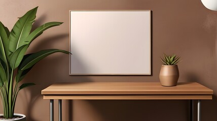 Blank laptop mockup, close-up of laptop mockup on table, blank mockup brown wall theme