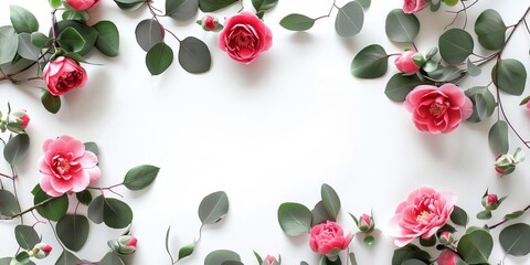 Pink camellias and eucalyptus sprigs create a circular border on a white background, with copy space in the center for a Valentines Day banner