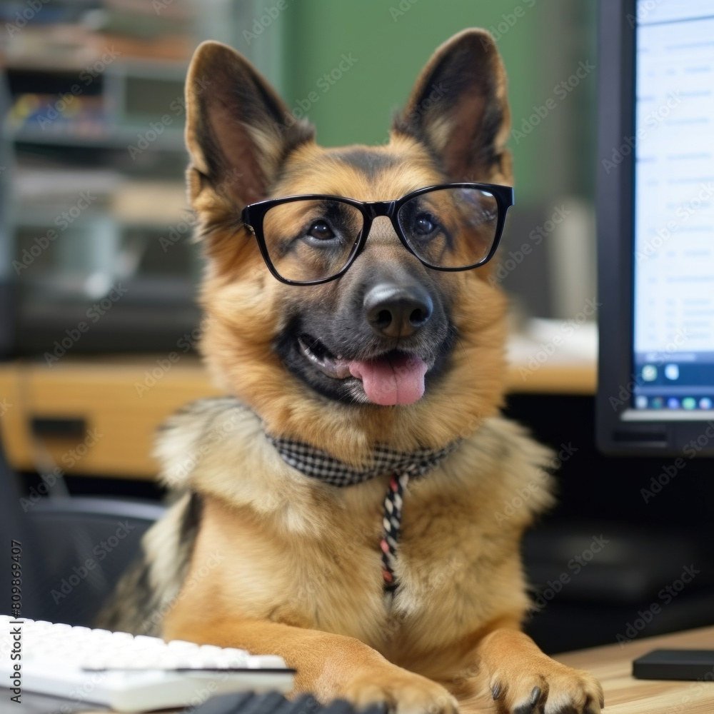 Poster a dog with glasses sits in front of a computer screen, appearing to be engaged in some sort of task 