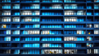 Obraz premium Seamless skyscraper facade with blue tinted windows and blinds at night. Modern abstract office building background texture with glowing lights against dark black exterior walls.