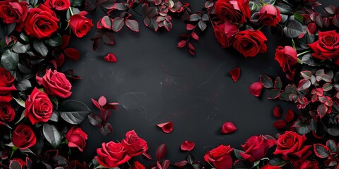 Red roses and ivy create a circular border on a black background, with ample copy space in the center for a romantic Valentines Day message