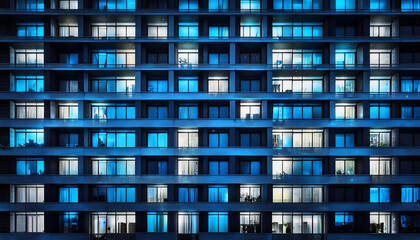 Seamless skyscraper facade with blue tinted windows and blinds at night. Modern abstract office...