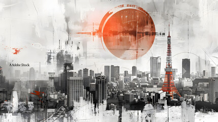 This artistic image depicts Tokyo's cityscape in monochrome with a vibrant red sun, emphasizing the city's modernity and cultural iconography