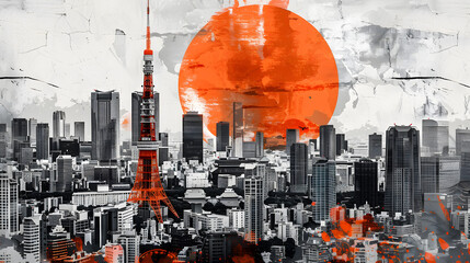 An urban artistic representation of the Tokyo skyline with a vibrant red sun and paint splatters, reflecting a fusion of tradition and modernity