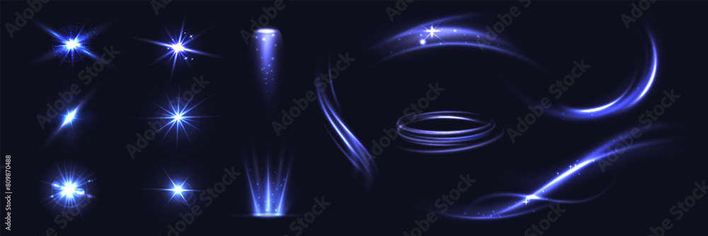 Poster light effects. glowing stars and blur light wave trail, wavy glittering lines and spiral, sparkle le