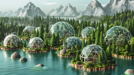 Architectural design drawings of a floating seasteading city. Large geodesic dome structures on floating hexagonal islands. Large fresh water lakes and lots of trees and plants growing. - - Powered by Adobe