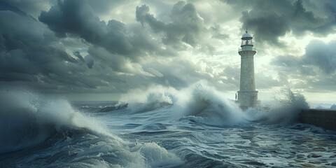 The Majestic Lighthouse Standing Strong Amidst a Stormy Ocean Ocean waves breaking against a lighthouse in a storm 