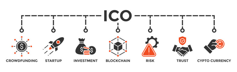 ICO banner web icon vector illustration concept of initial coin offering with icon of crowdfunding, startup, investment, blockchain, risk, trust and cypto currency