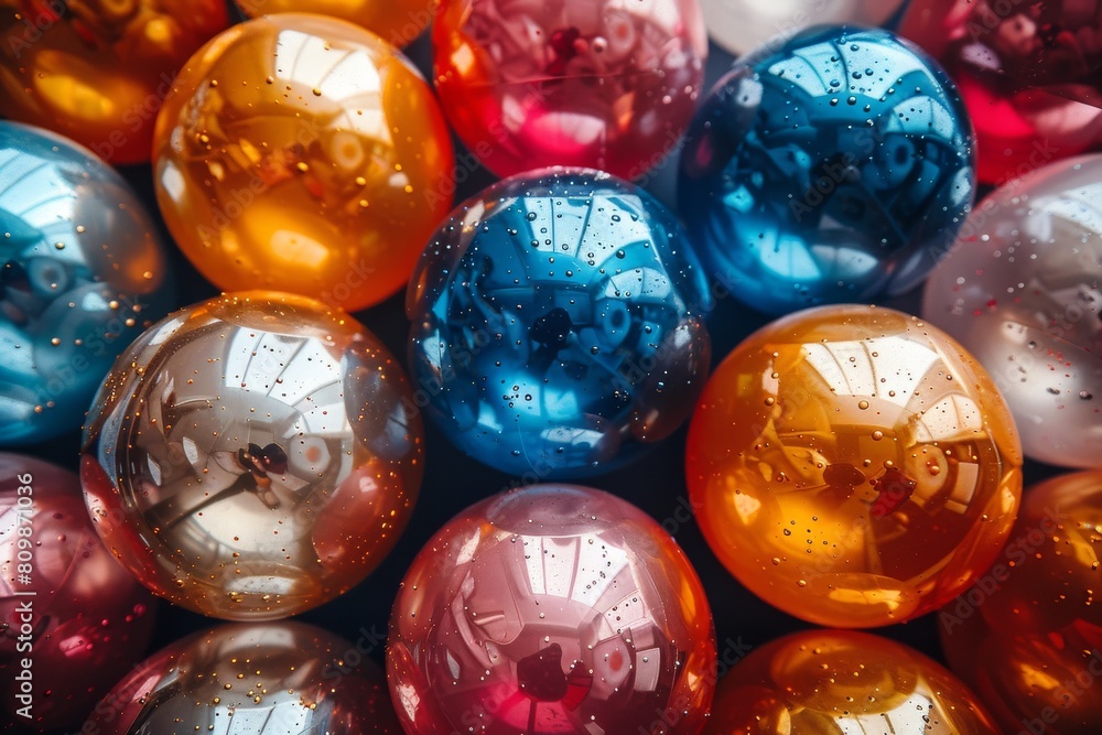 Poster shiny spheres with water droplets and reflections create a captivating abstract image filled with co