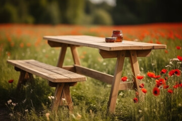 Naklejka premium Wooden picnic table and bench sit in a vibrant field of red poppies under a clear blue sky, creating a serene scene