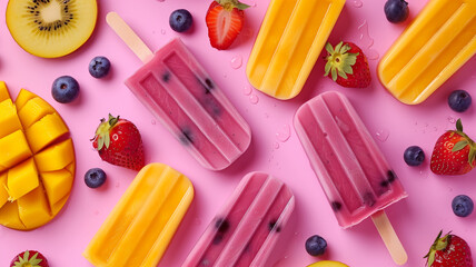 Pink background with popsicles, strawberries, and blueberries