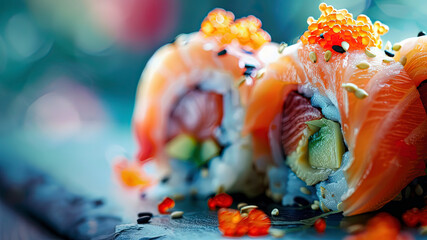 sushi rolls on cool background, delicious sushi rolls, close up of a shushi rolls