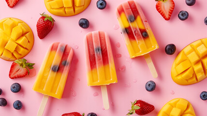 Pink background with popsicles, strawberries, and blueberries