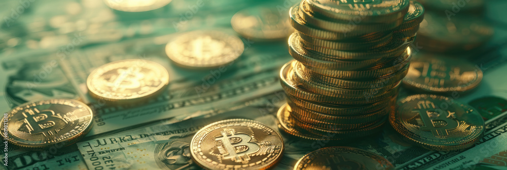 Poster a stack of coins is placed neatly on top of a large pile of various banknotes and coins