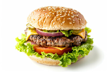 a hamburger with lettuce  tomato  cheese and onion