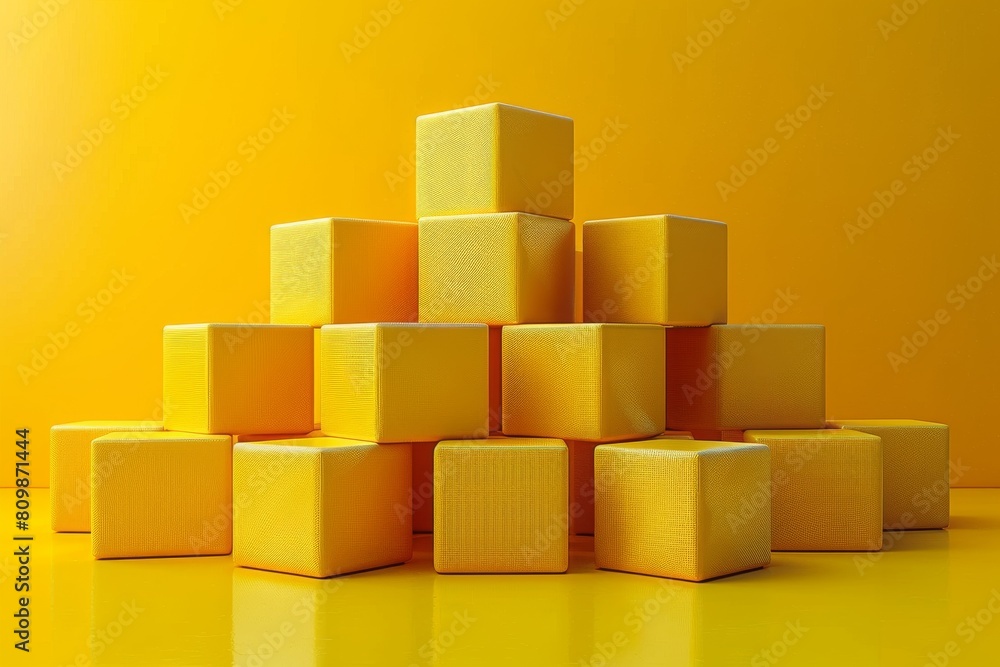 Poster a pyramid stack of uniform yellow cubes arranged neatly on a yellow background, exemplifying structu